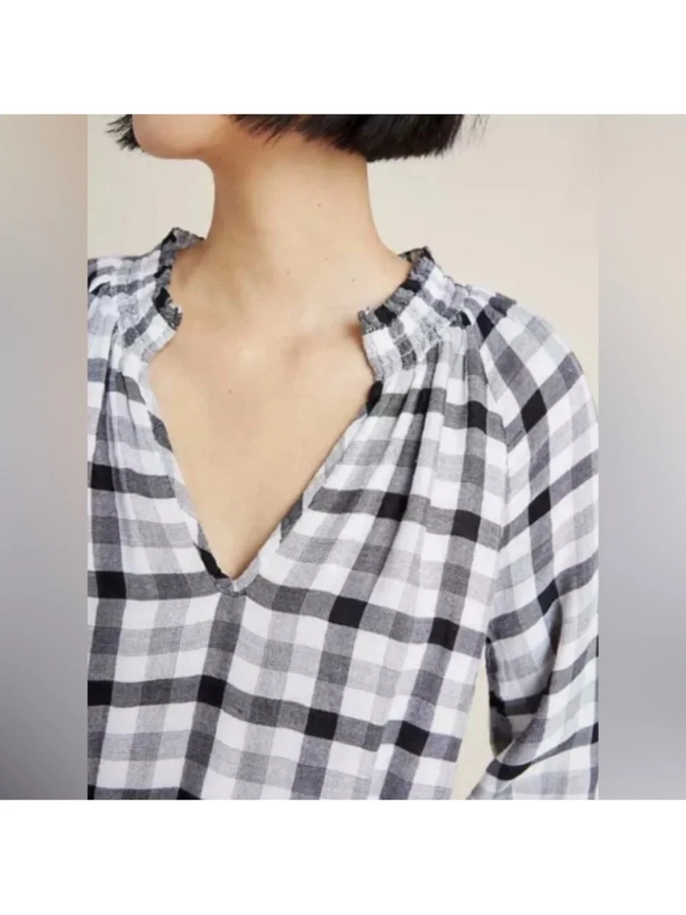 Cloth & Stone for Anthropologie Sara Plaid Blouse black white plaid S - Picture 2 of 6